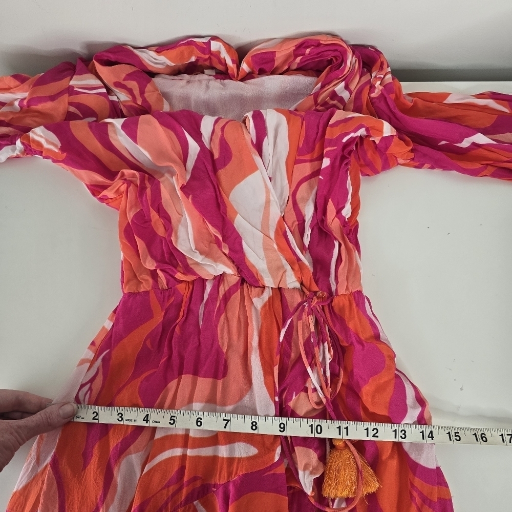 Rococo Sand Emily Mini Wrap Dress XS Tassels Ruffles Pink/Orange Swirl Print - Picture 15 of 16